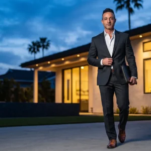 Real estate agent in a suit walking toward a home at dusk