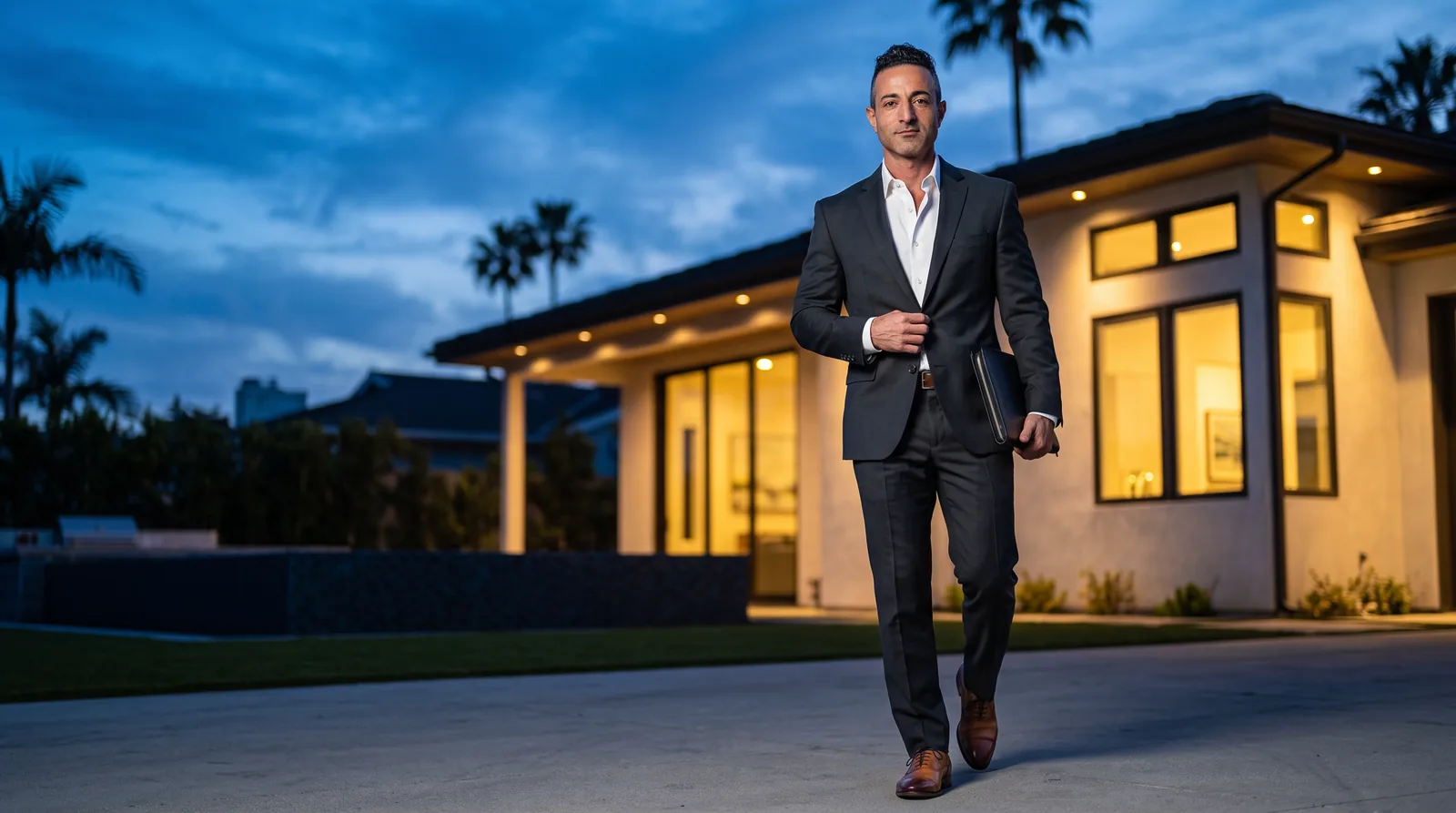 Real estate agent in a suit walking toward a home at dusk