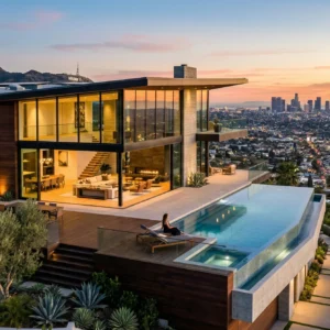 Modern hillside home with an infinity pool at dusk overlooking the Los Angeles skyline