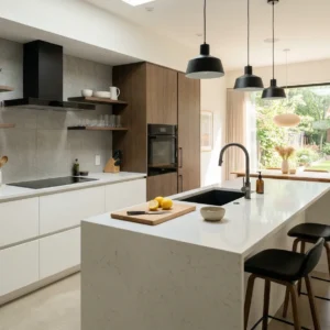 Modern kitchen with a white island and bar stools