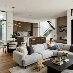 Bright modern living room with a sectional sofa and pool view