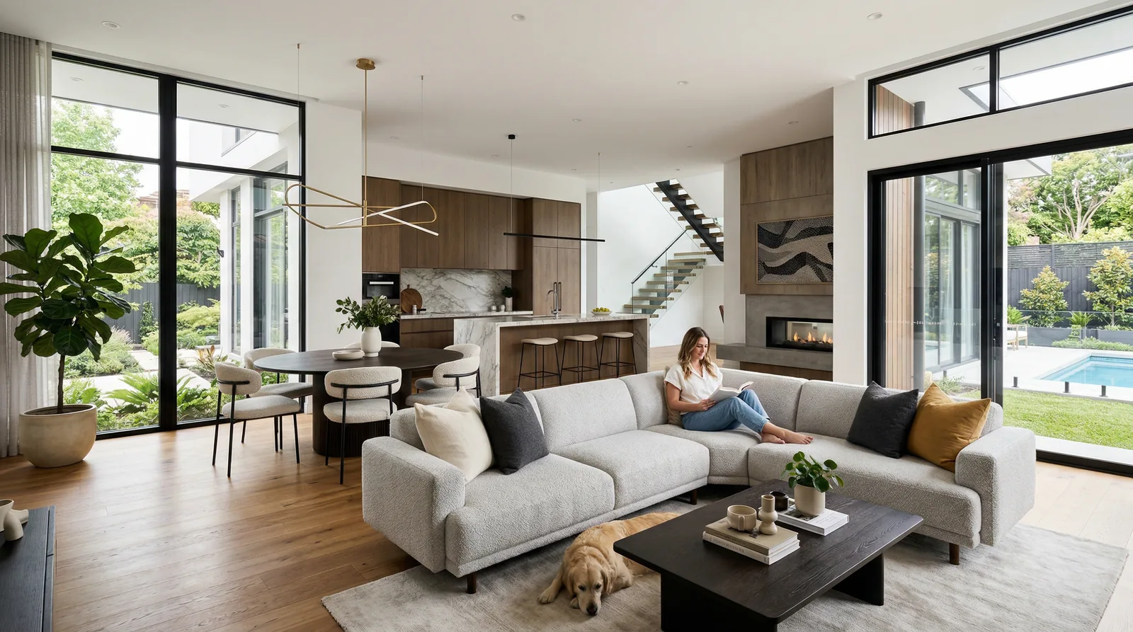 Bright modern living room with a sectional sofa and pool view